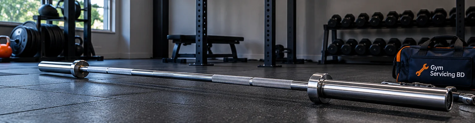 Unloaded steel barbell across a rubber-floor training space, with a Gym Servicing BD service bag