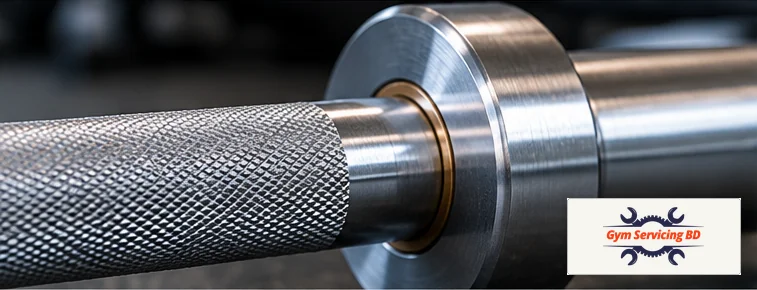 Close view of a steel barbell's textured grip, smooth shaft and sleeve junction, with a Gym Servicing BD equipment tag