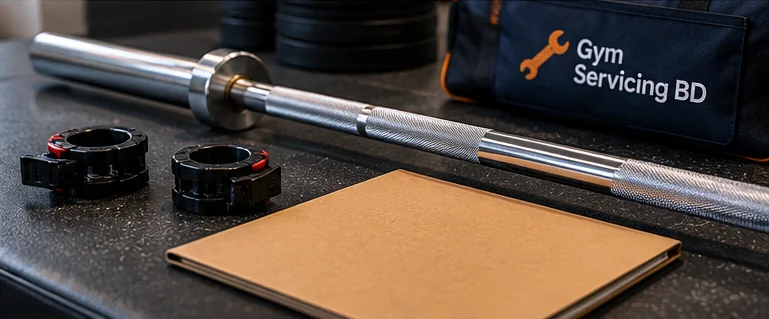 Unloaded barbell, separate collars and blank enquiry folder placed beside a branded Gym Servicing BD tool bag