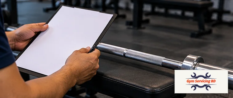 Buyer comparing a blank specification sheet with a barbell grip and sleeve on a padded bench