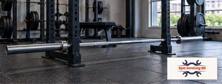 Unloaded barbell resting in an indoor lifting area, with rack supports and clear floor space