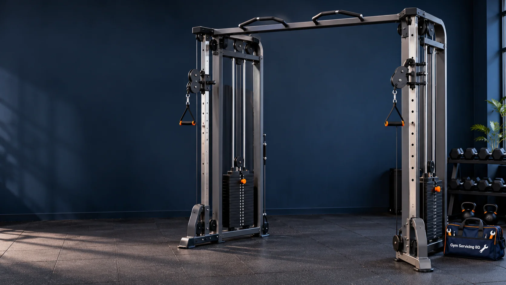 Dual-column cable crossover with adjustable pulleys and resting weight stacks in a gym
