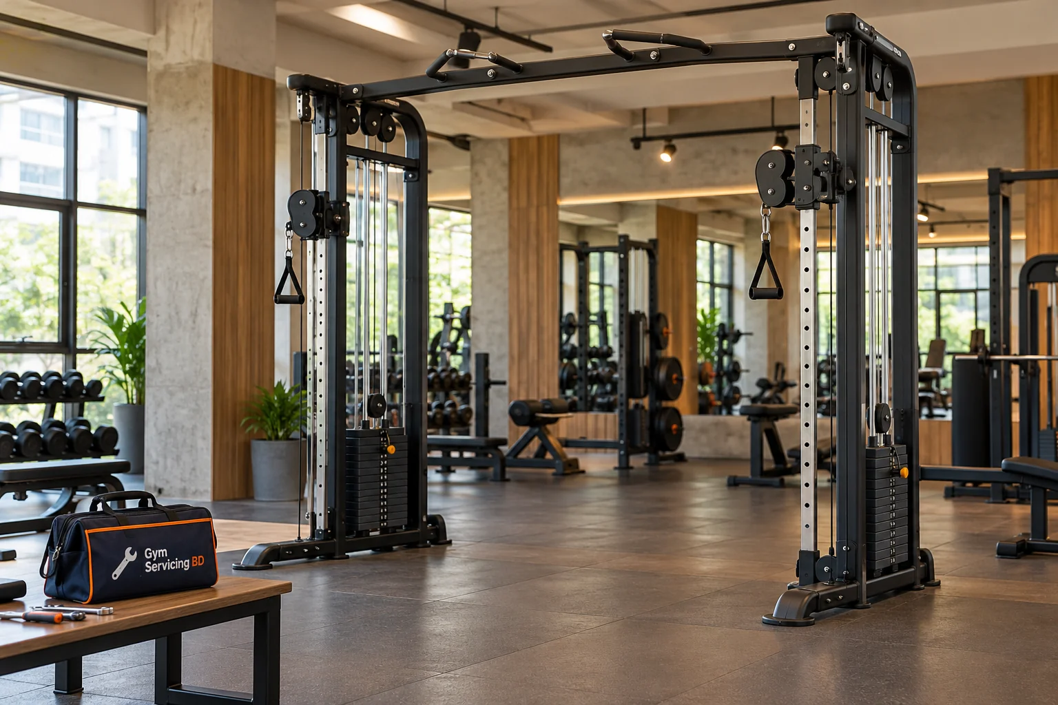 Wide cable crossover machine viewed from a gym floor with access around both towers