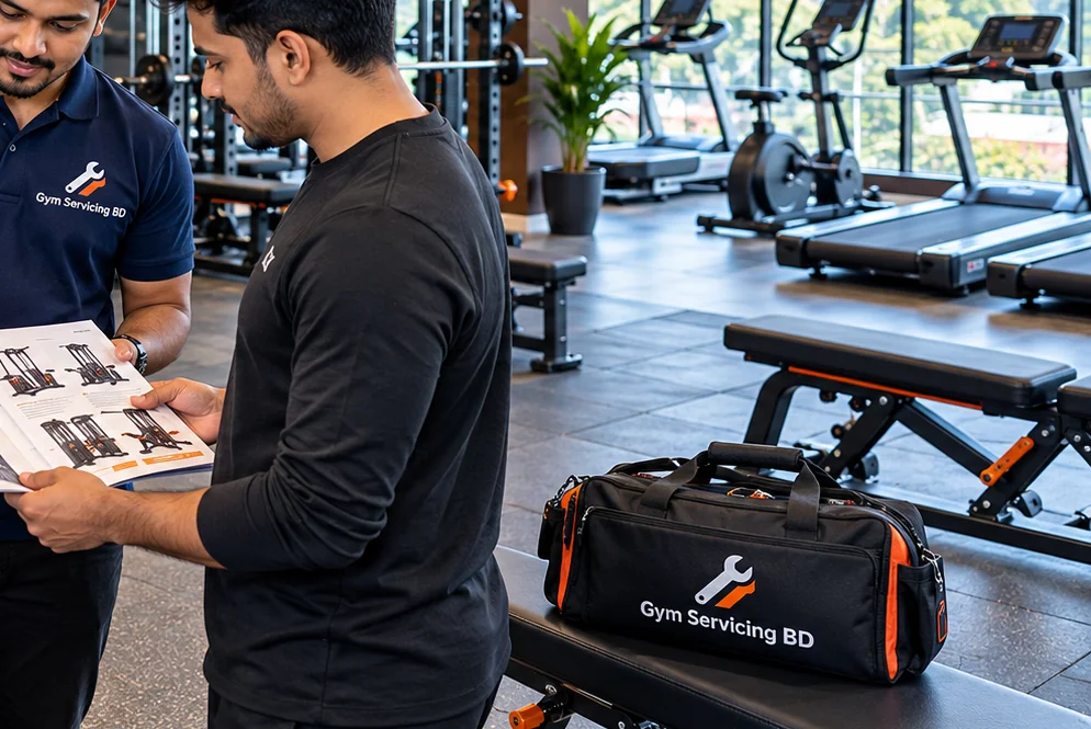 Gym equipment discussion with an open machine catalogue and a branded service bag near a bench