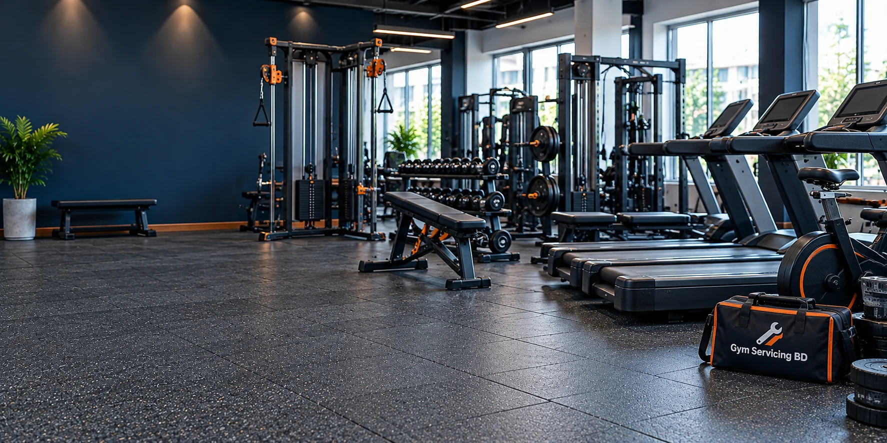 Commercial fitness room with treadmills, cable stations, weight benches and storage racks
