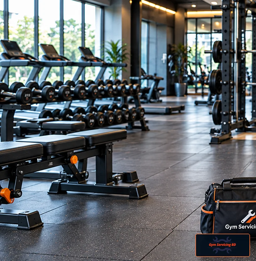 Training room with treadmills, weight benches, dumbbell racks and a clear walking route