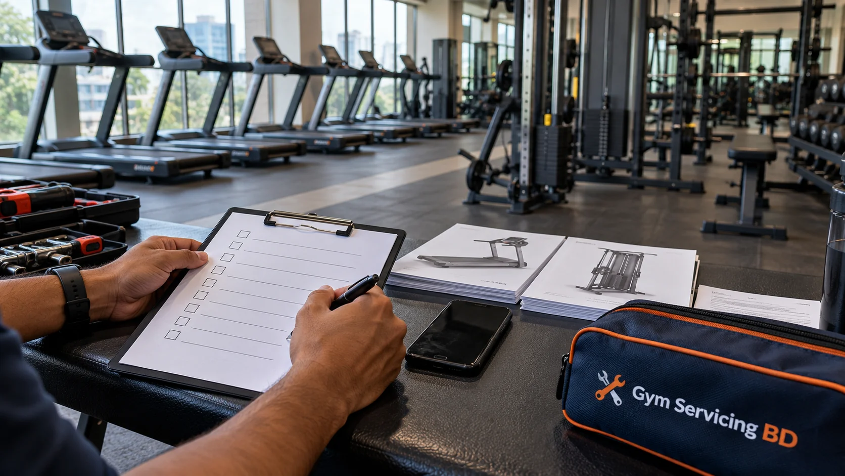 Hands completing a gym equipment planning checklist beside manuals, tools, and a Gym Servicing BD pouch.