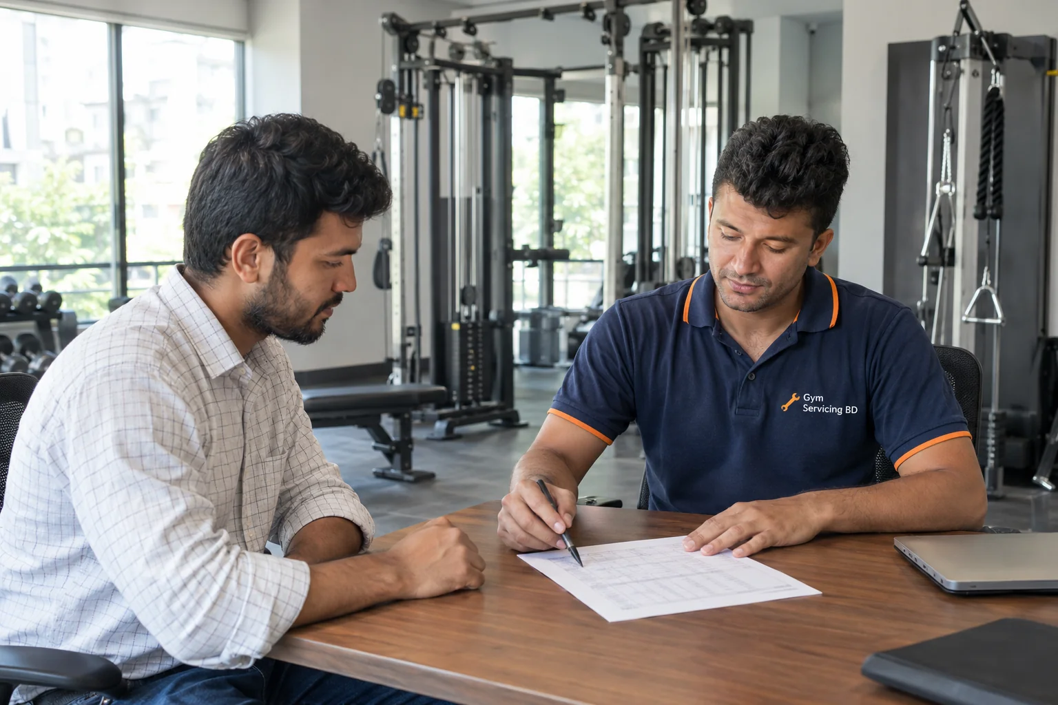 Two people reviewing gym setup details at a table in a gym, including a Gym Servicing BD representative.