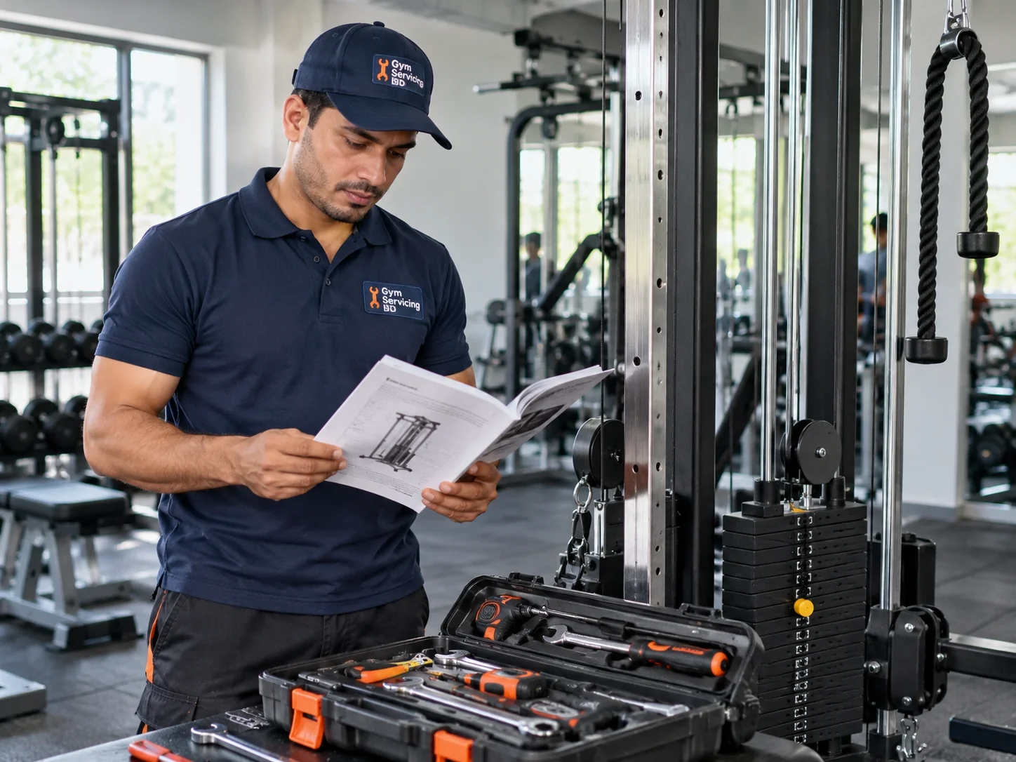 Technician in Gym Servicing BD workwear reading an equipment manual beside a cable machine and tool case.