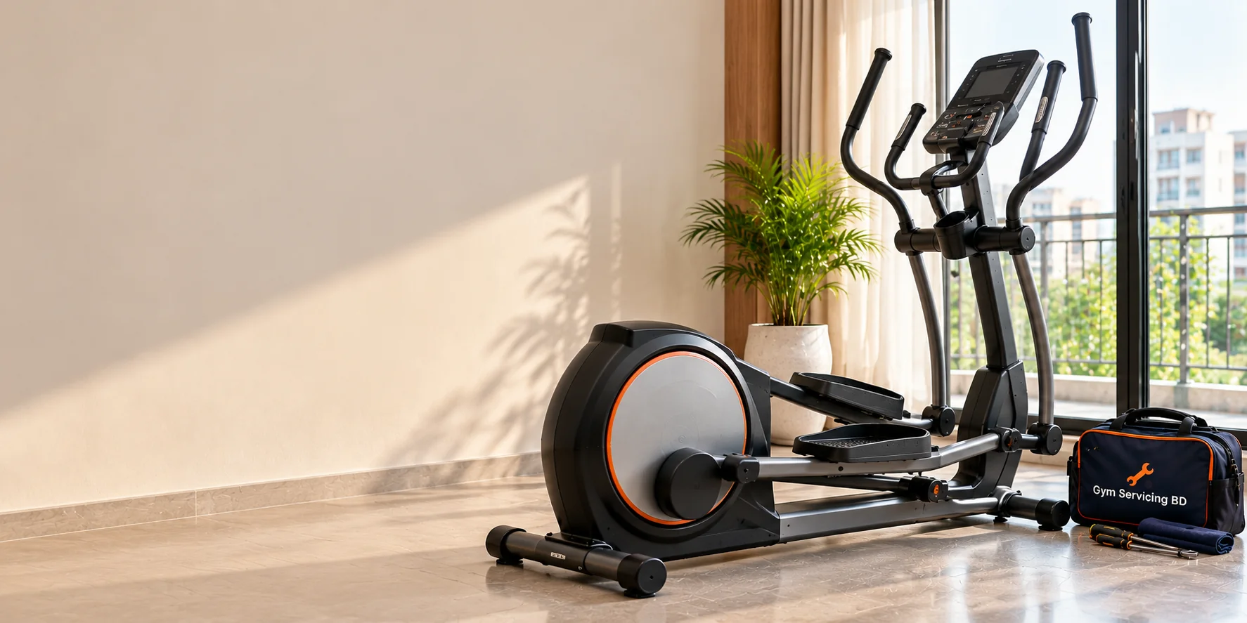 Elliptical cross trainer with moving handles and linked foot platforms in a bright home exercise space