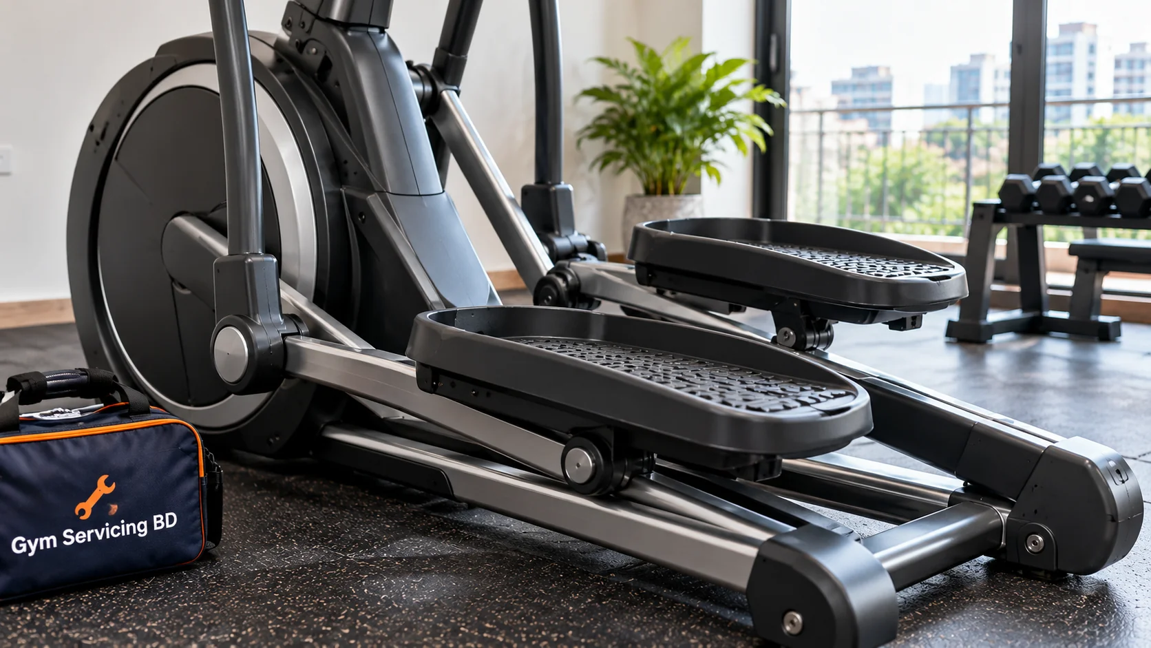 Close view of elliptical pedals and rail linkage showing the standing foot platforms and frame assembly