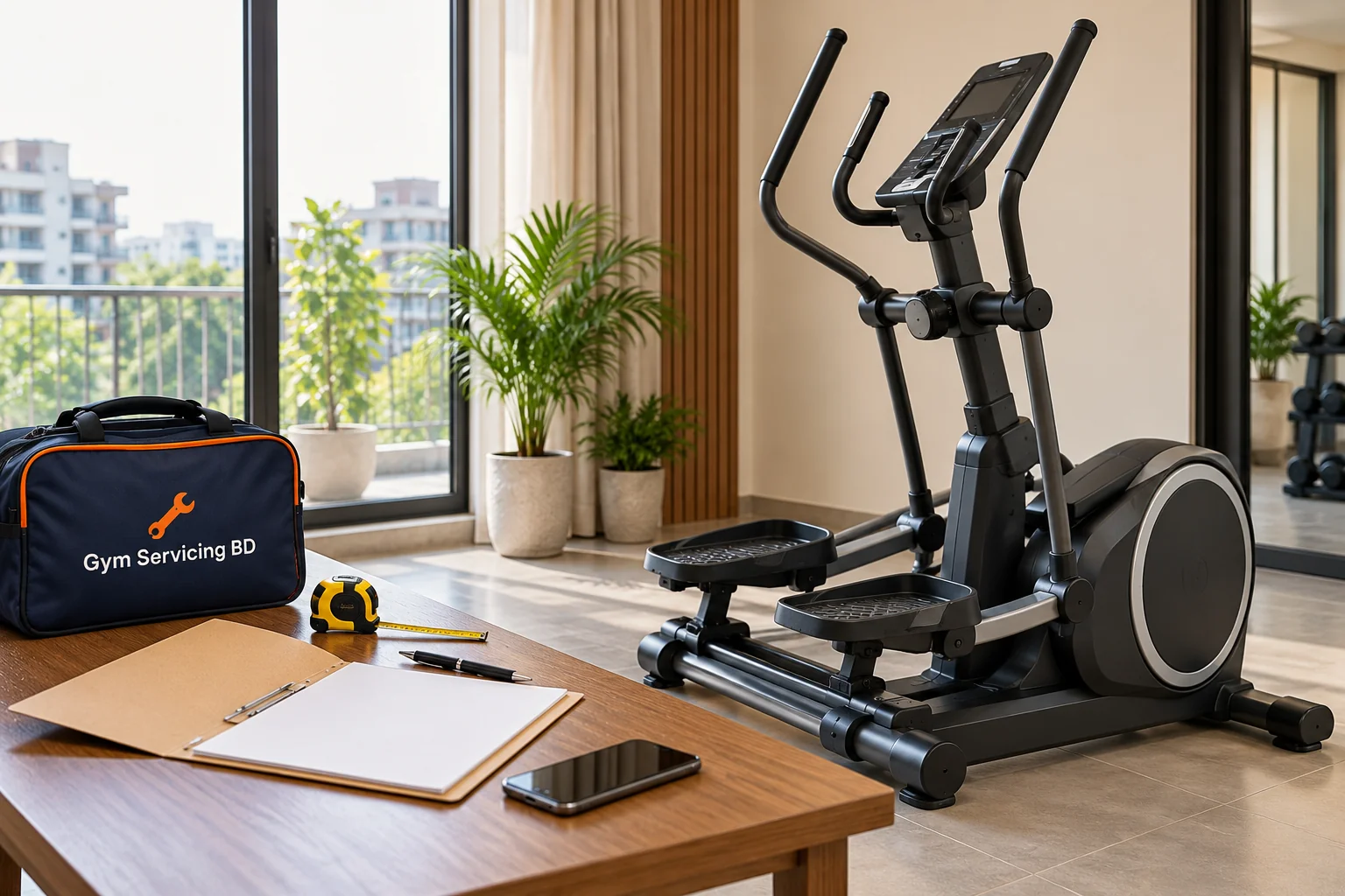 Blank equipment enquiry folder, tape measure and phone beside an elliptical trainer in a home gym