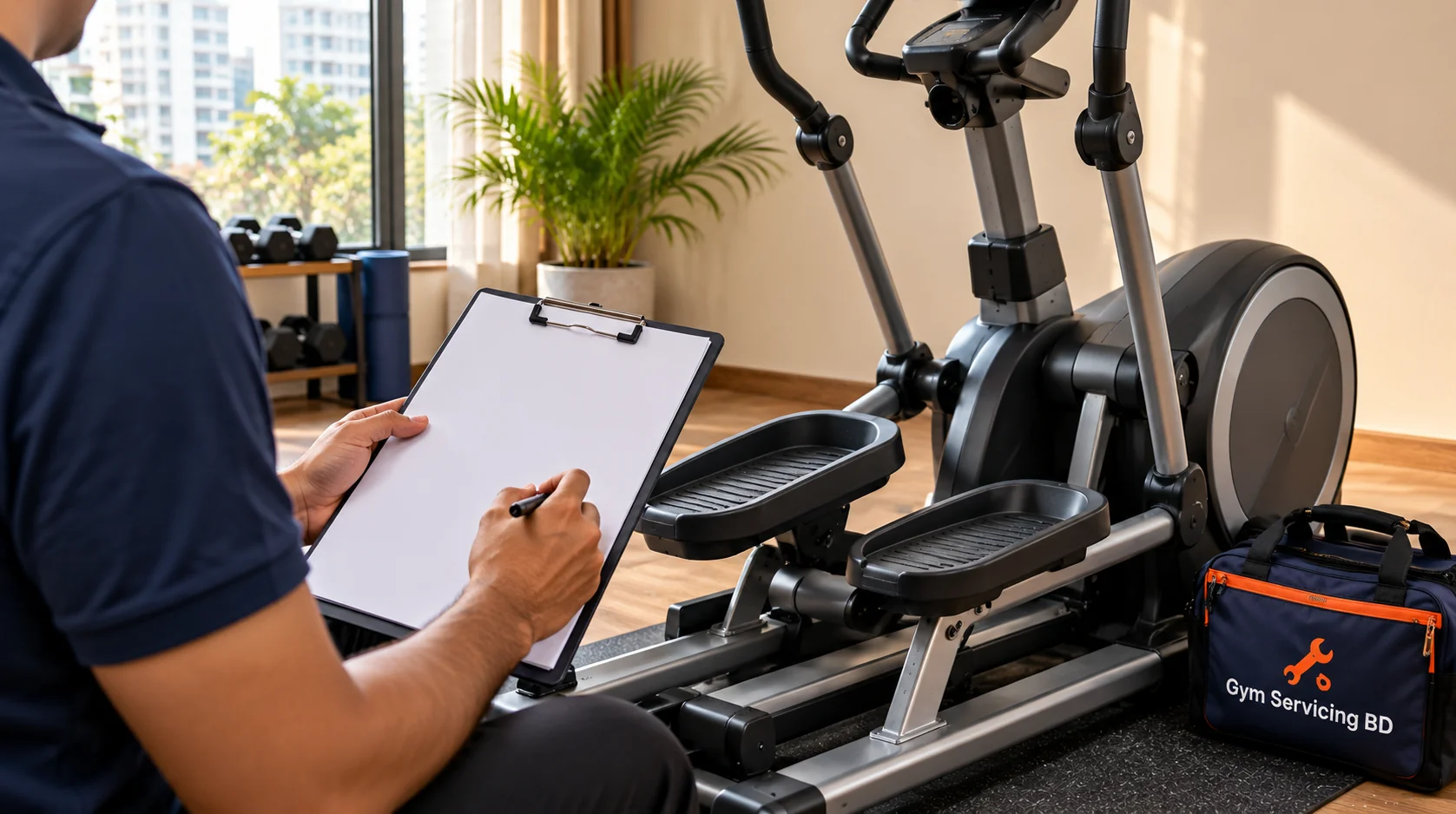 Person using a blank clipboard to review an elliptical cross trainer and its foot platforms
