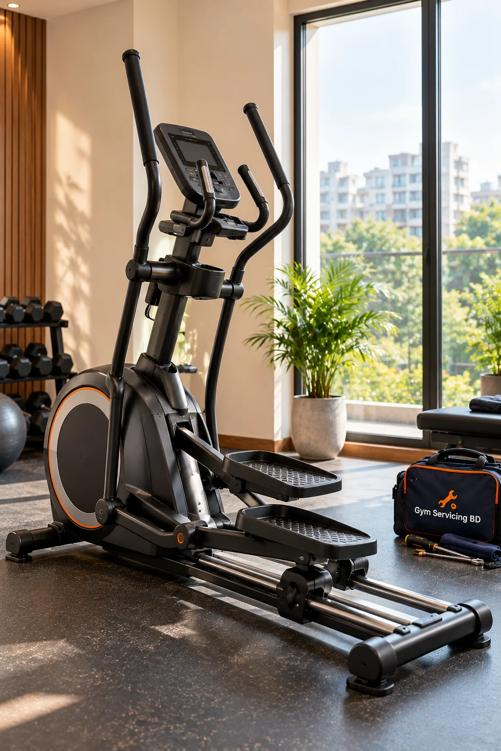 Complete elliptical cross trainer standing in a bright gym corner with surrounding floor and windows visible