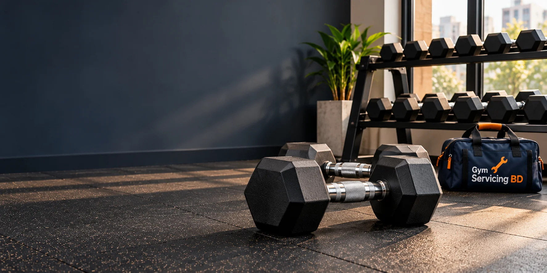 Black hex dumbbell pair beside a free-weight rack and Gym Servicing BD service bag