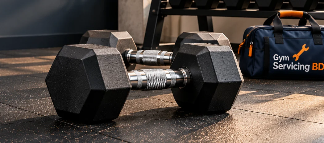 Close view of the knurled handles and black hex heads of an unlabelled dumbbell pair