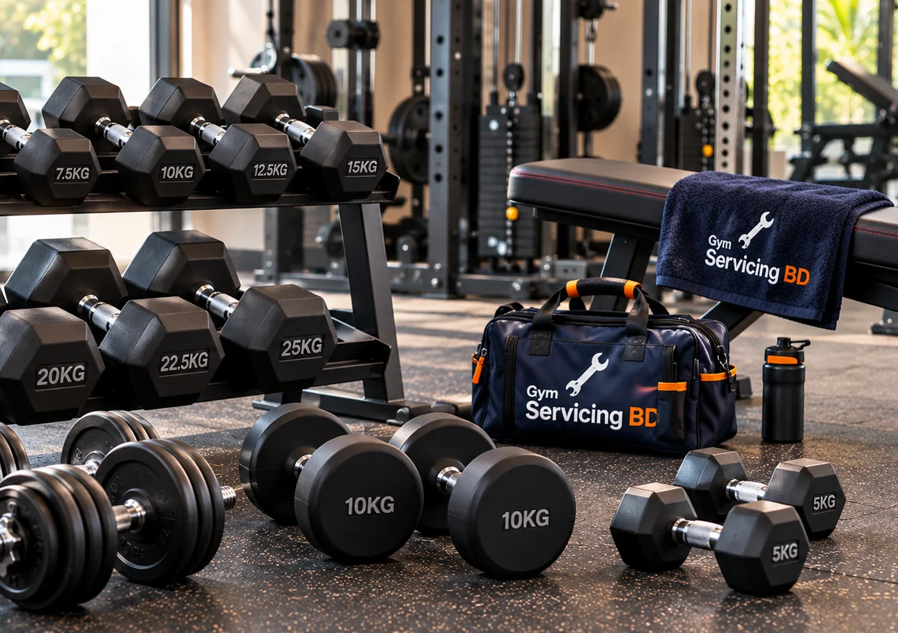 Dumbbells and Gym Servicing BD equipment bag near a bench in a gym room