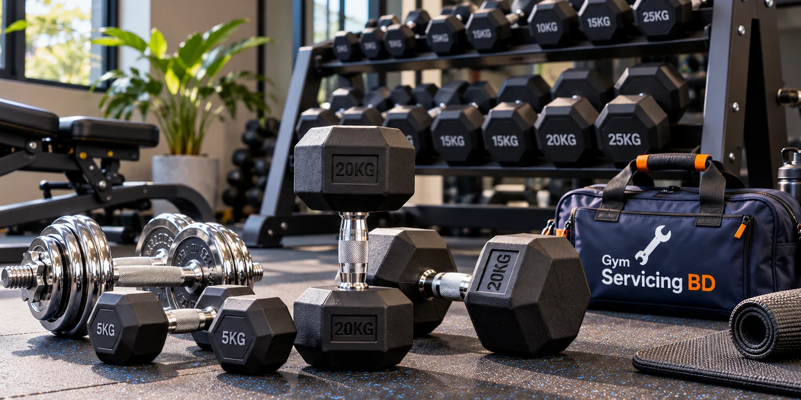 Different illustrative dumbbell styles shown together on a gym floor