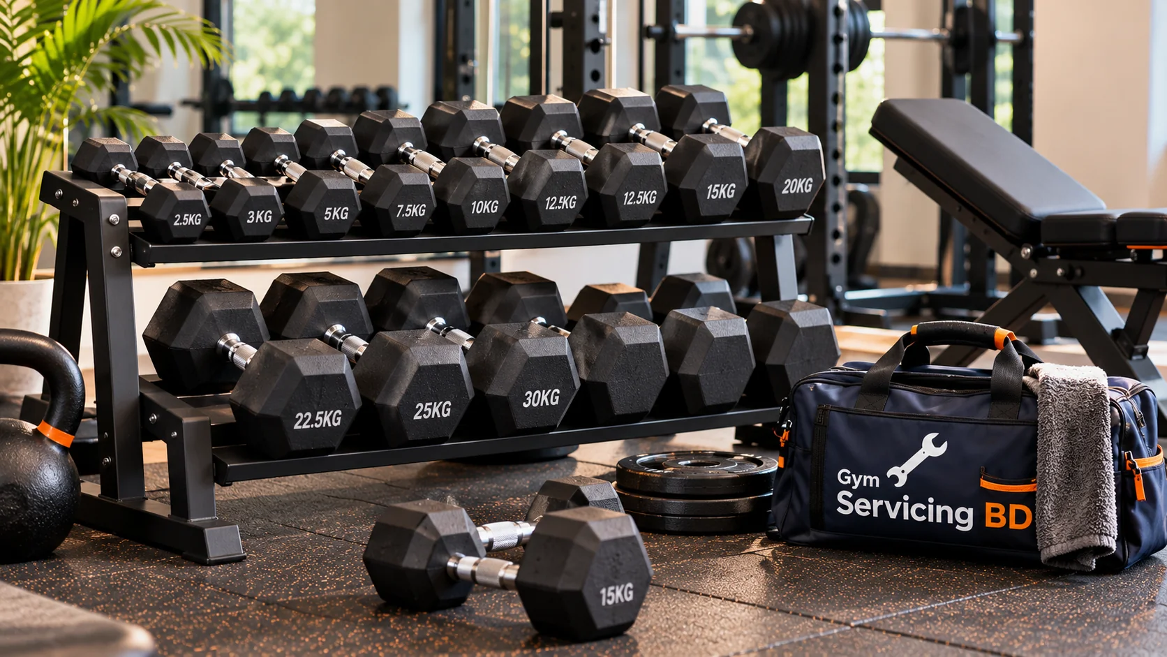 Dumbbell rack in a naturally lit gym beside a bench with room to access the weights