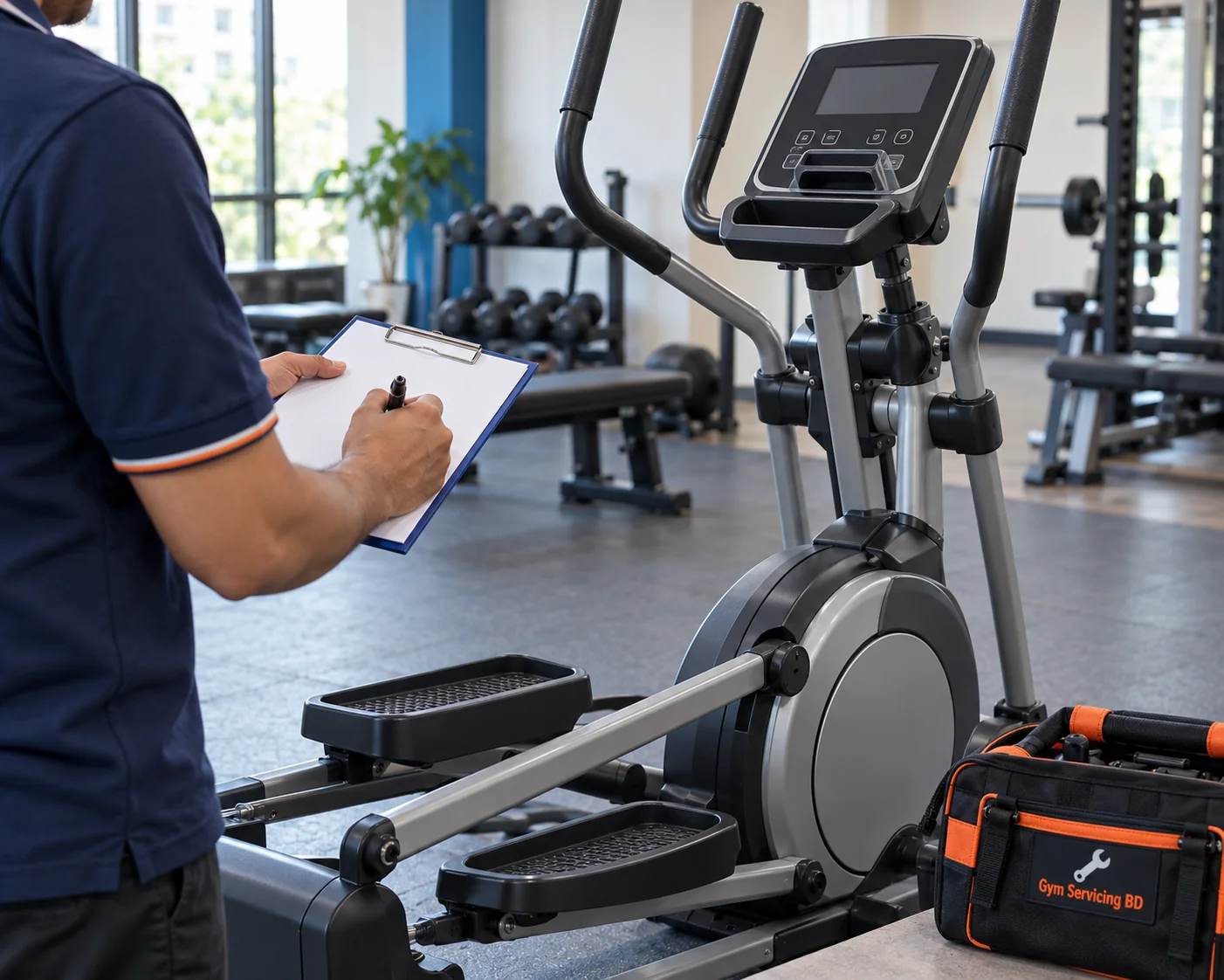 Adult noting elliptical model details next to a stopped cross trainer and a service bag