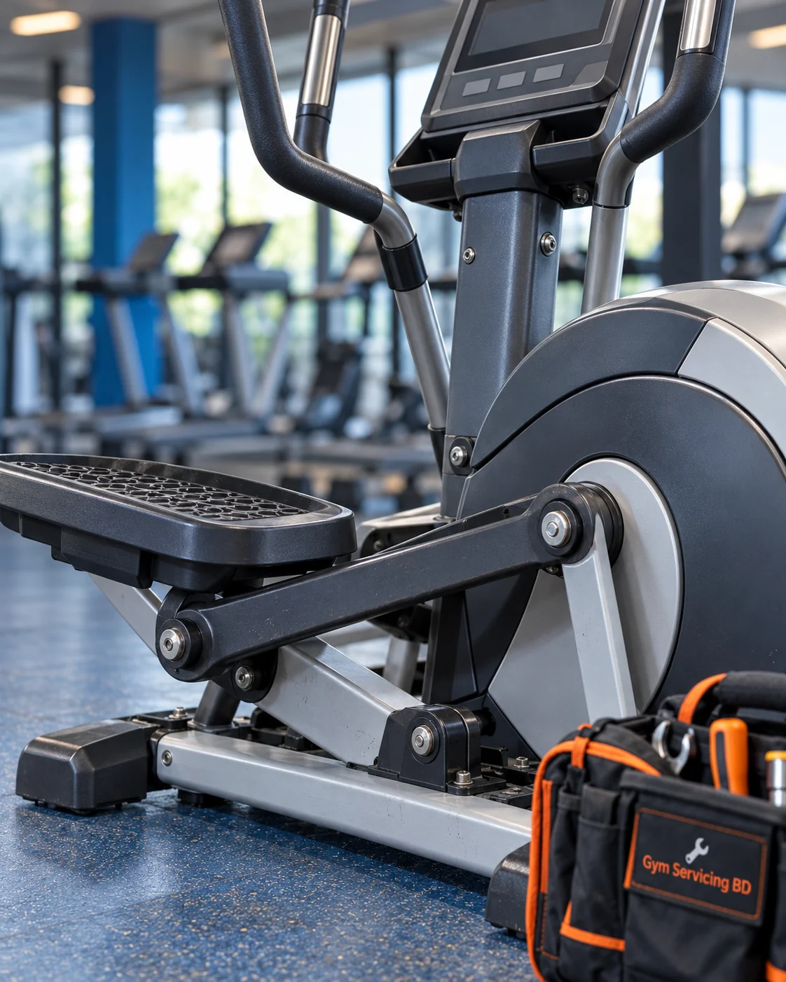 Close view of elliptical pedal pivot and linkage beside a branded service tool bag