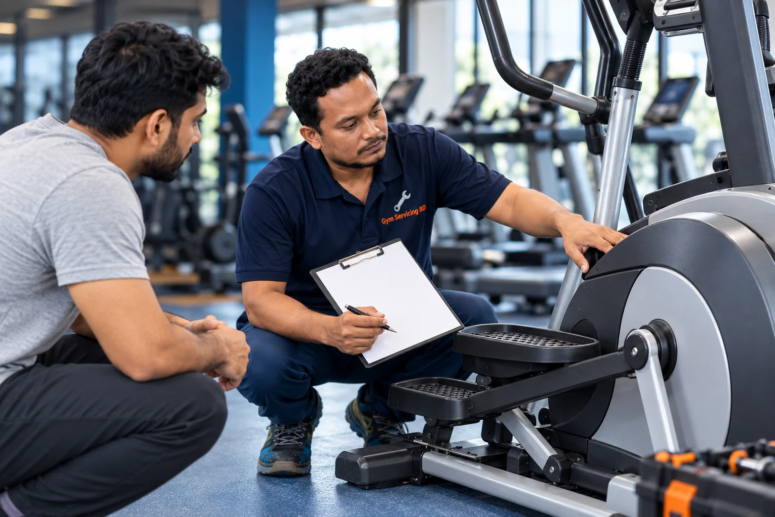 Technician and equipment owner discussing a cross trainer beside a blank scope worksheet