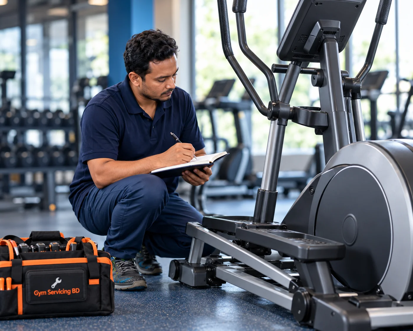 Technician preparing an inspection sheet beside a stopped elliptical and a tool bag