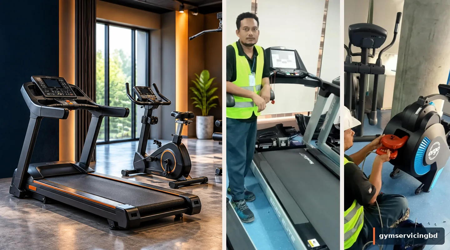 Treadmill, upright cycle and elliptical equipment in illustrative and reference gym settings