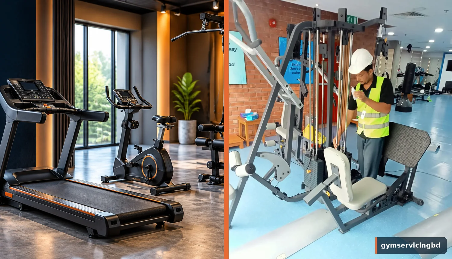 Comparison of a modern equipment area and an existing gym with a technician examining a strength machine