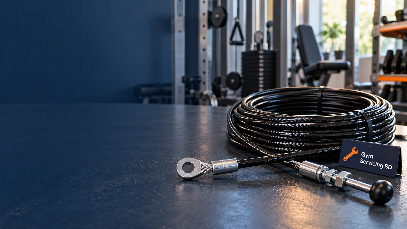 Coiled replacement gym cable and loose metal terminations on a service workbench, with Gym Servicing BD tag