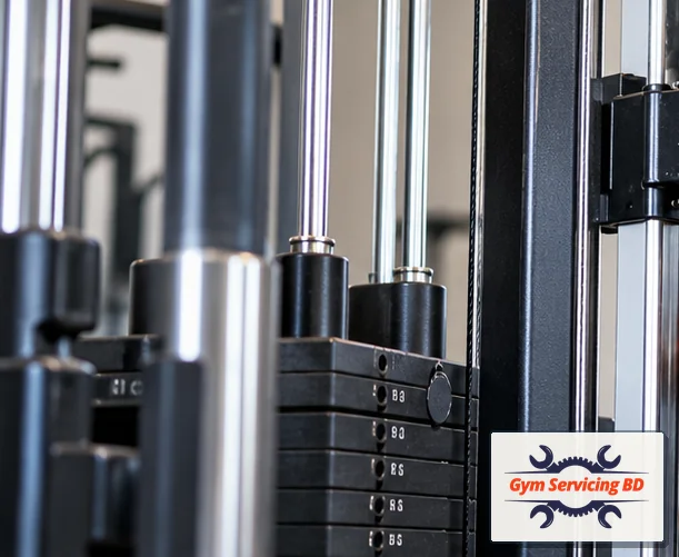 Resting weight stack and guide rails of a stationary cable-operated gym machine
