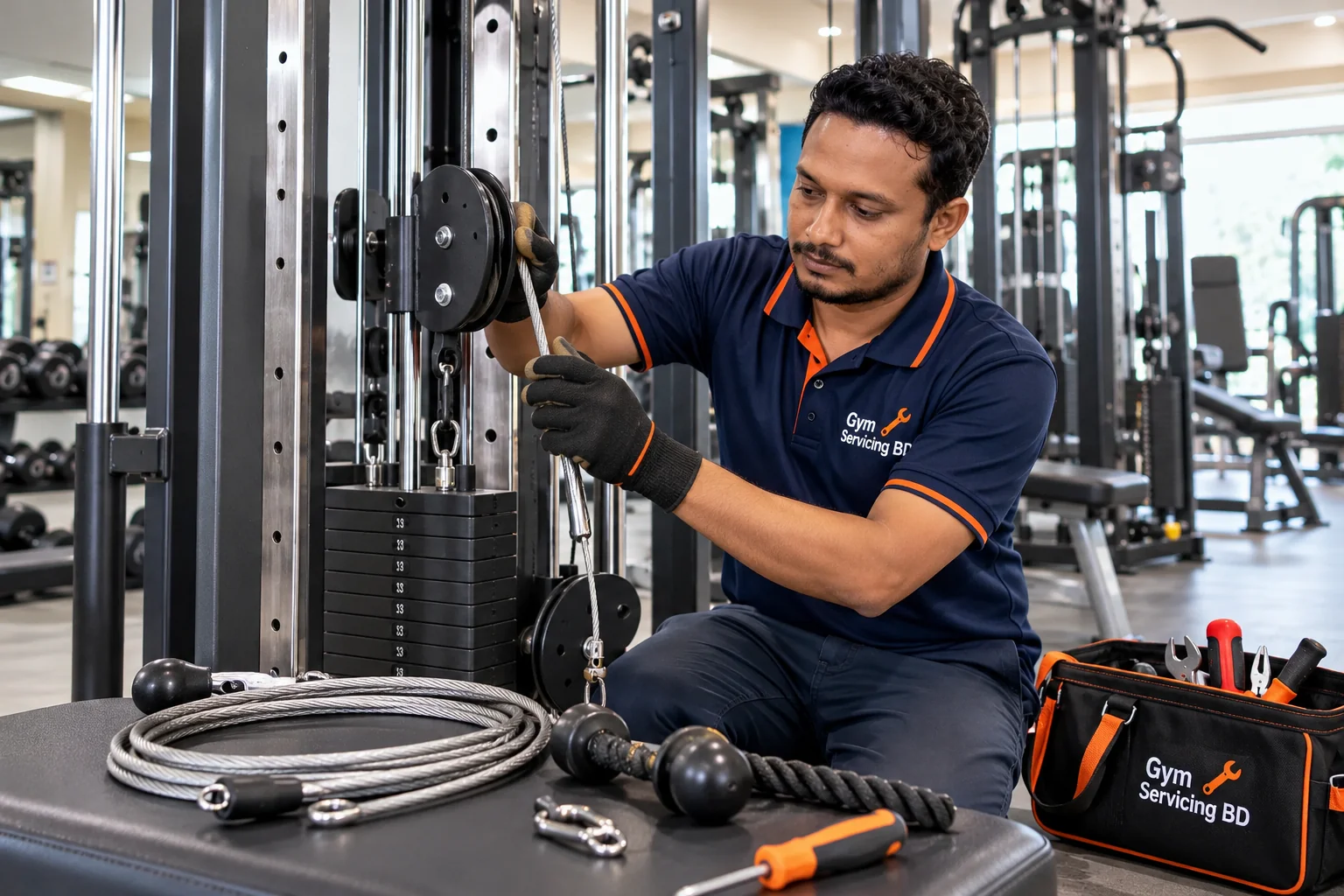 Technician checking the cable path on a stationary selectorized strength machine beside a service tool bag