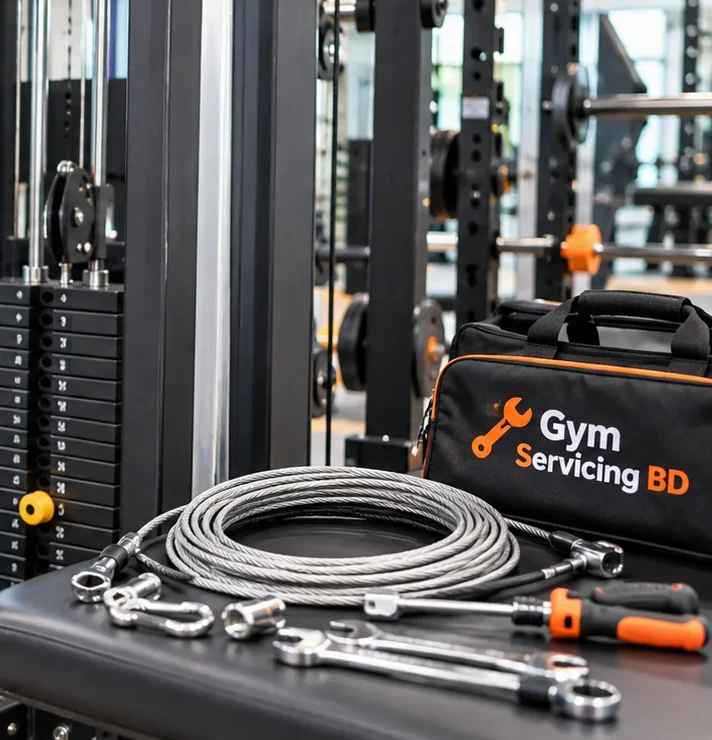 Replacement gym cable coil and metal end fittings on a bench beside a branded service tool bag
