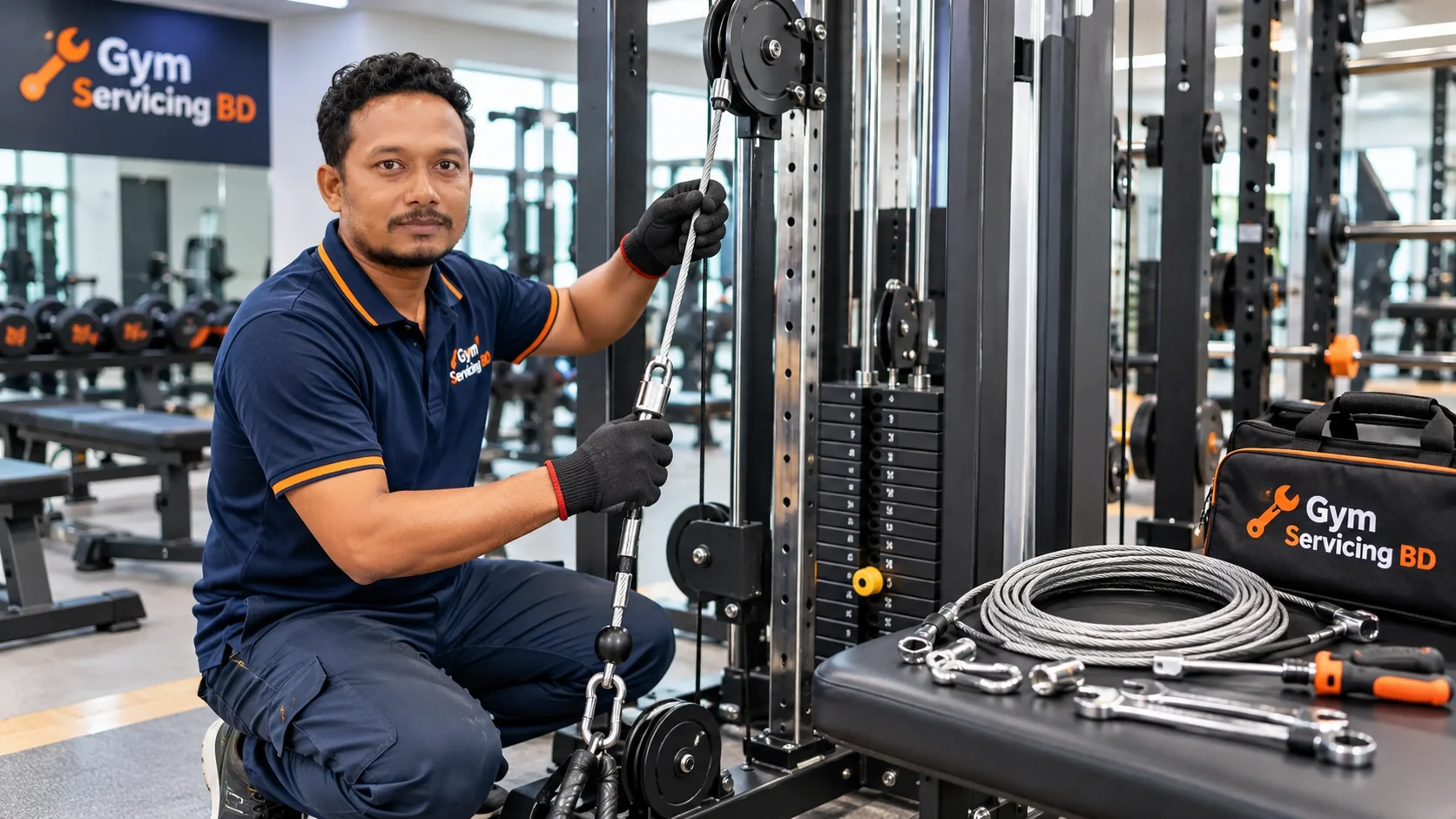 Technician examining a gym machine cable with cable coil and tools beside the weight stack