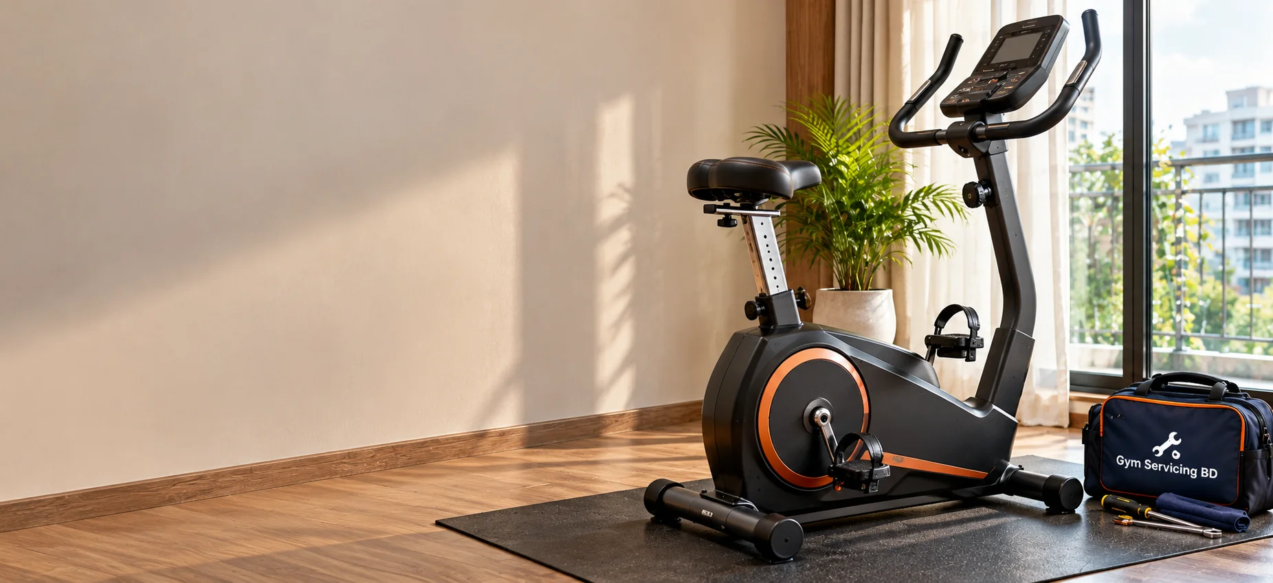 Upright exercise bike in a sunny home workout corner, with a Gym Servicing BD tool bag by the window