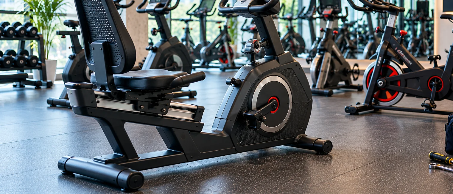 Recumbent exercise bike in the foreground with other upright cycle forms in a fitness room