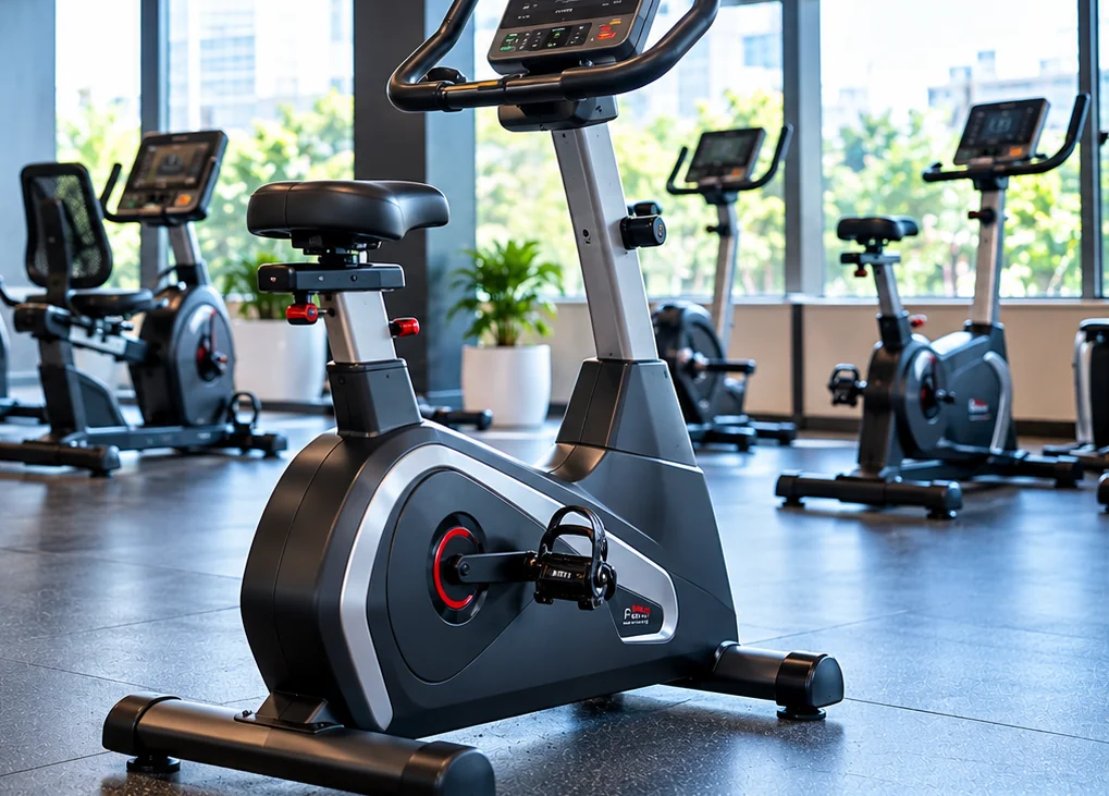 Upright exercise bike placed on a fitness room floor with room to approach the pedals