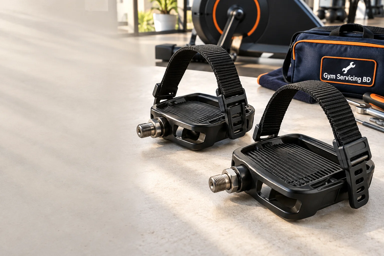 Pair of black exercise-bike pedals with adjustable straps on a workshop table