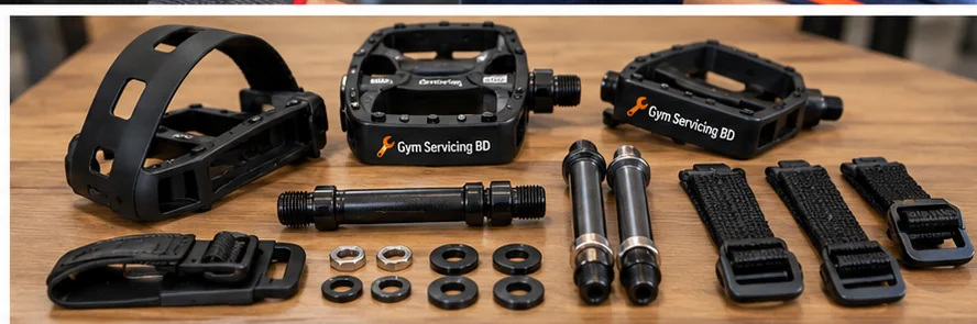 Replacement pedals, thread shafts, strap pieces and small fittings arranged for a compatibility check