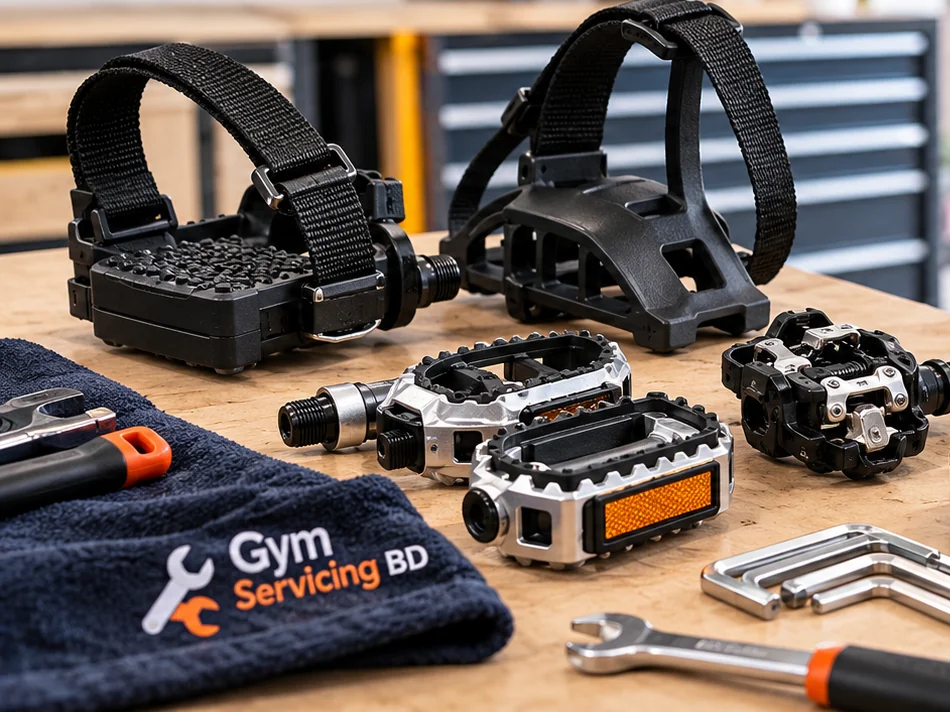 Close view of several exercise-bike pedals, foot straps and threaded spindles on a bench