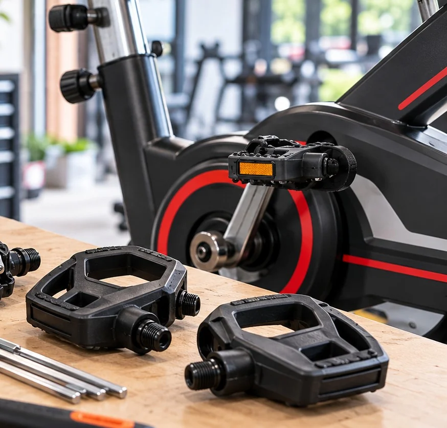 Stationary exercise-bike crank with pedal mounted, with spare pedals laid out nearby