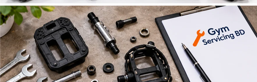 Pedal pieces and small tools beside a blank service reference sheet