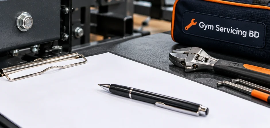 Blank maintenance visit record, pen and Gym Servicing BD service tools beside gym equipment