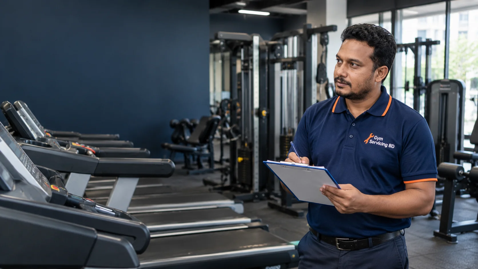 Gym Servicing BD technician holding a blank visit schedule beside rows of idle treadmills and strength machines