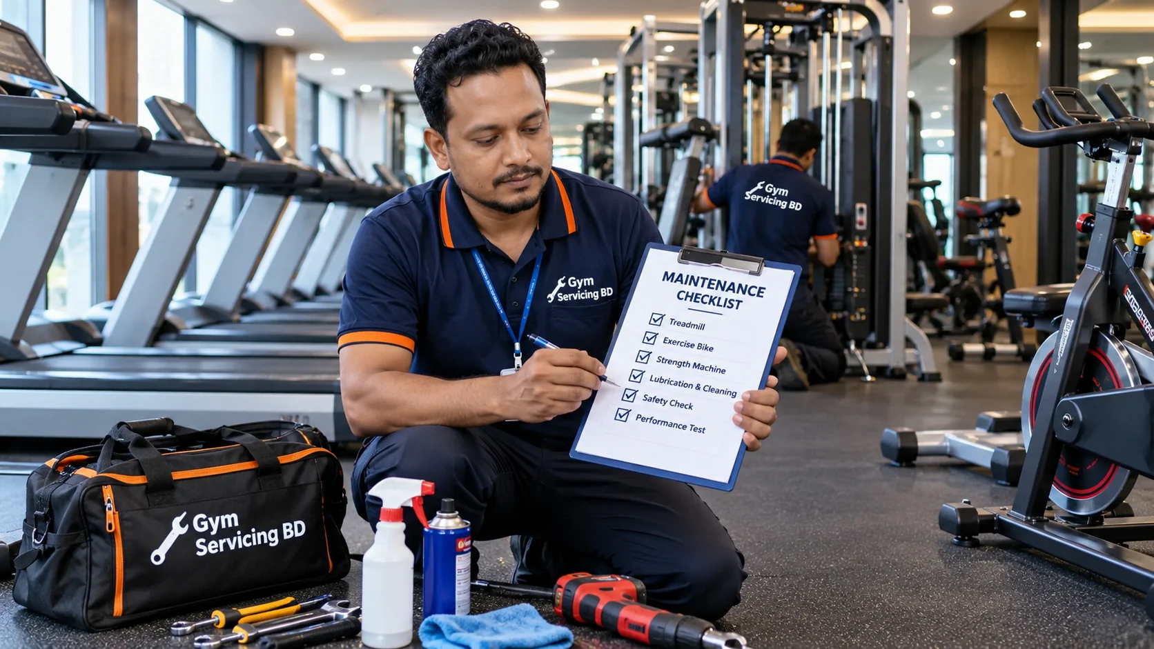 Gym Servicing BD technician reviewing a proposed inspection checklist near cardio and strength machines