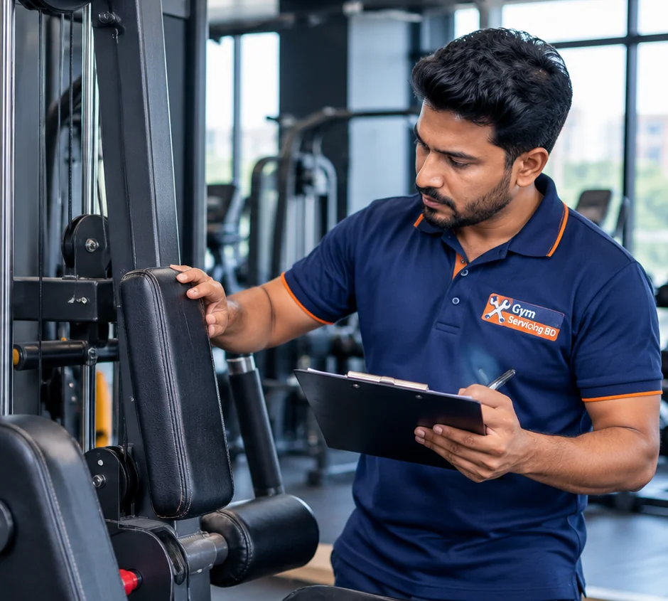 Technician inspecting a strength machine while holding an observation clipboard