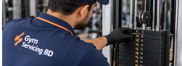 Technician checking a cable machine’s weight stack and moving assembly