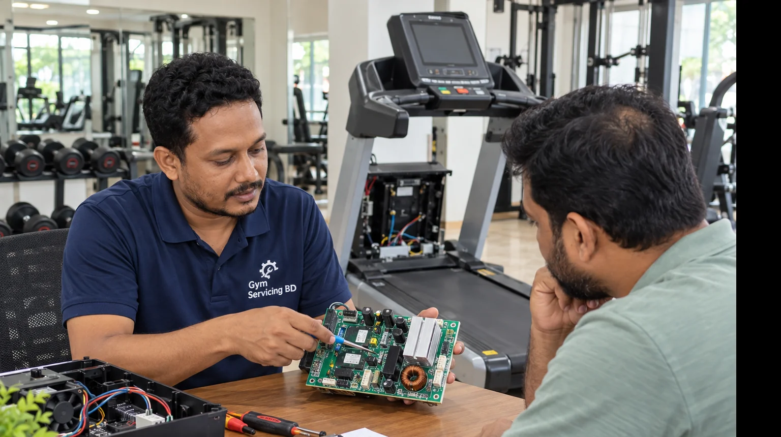 Technician and a gym owner discussing an equipment circuit board beside a stopped treadmill
