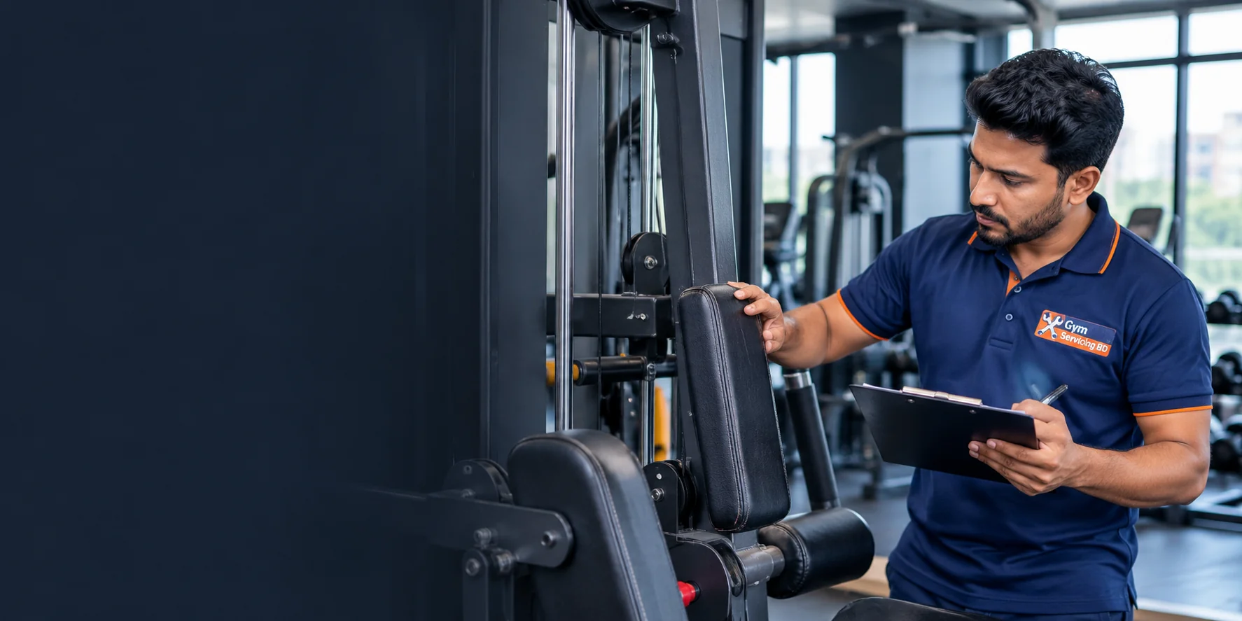 Technician examining gym-machine padding and recording notes on a clipboard