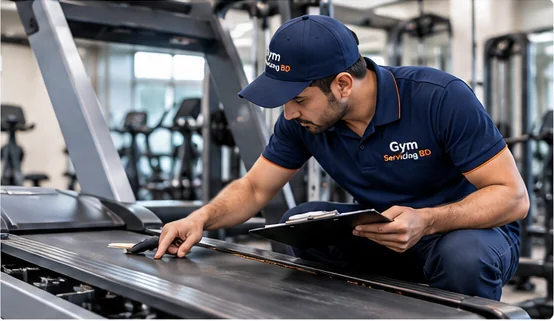Technician reviewing a treadmill belt and recording observations with a clipboard
